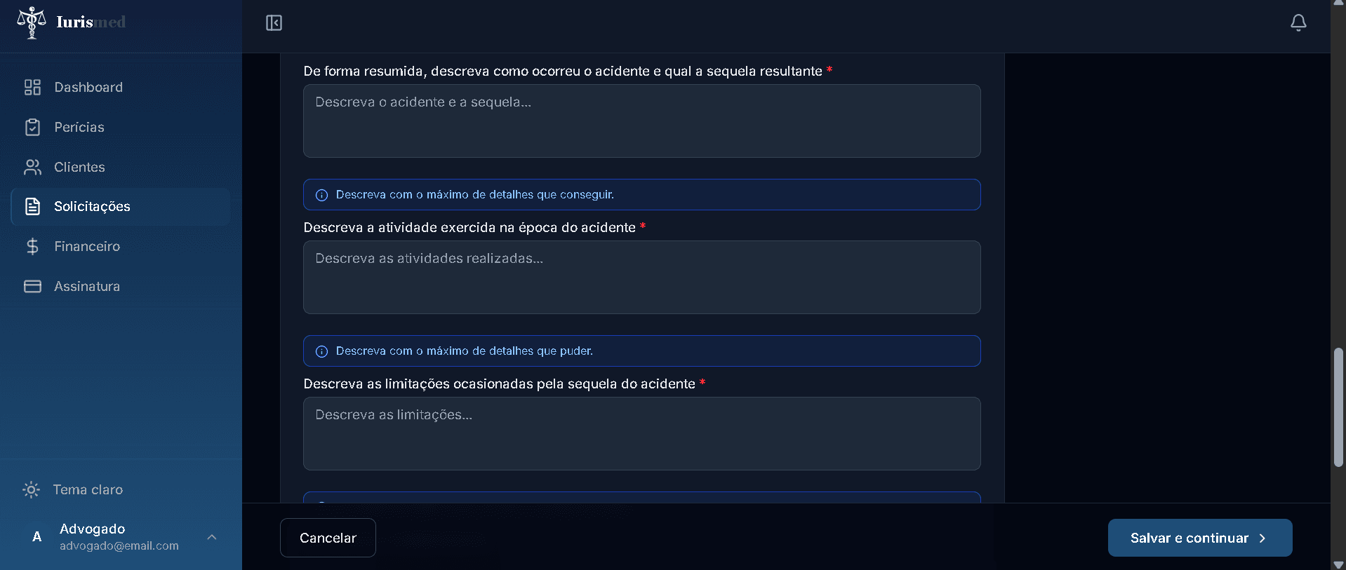 Campos de descrição do acidente, atividade exercida e limitações