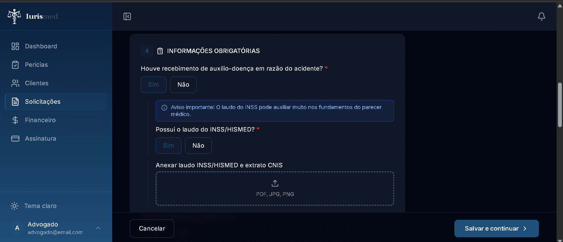 Formulário de informações obrigatórias da solicitação